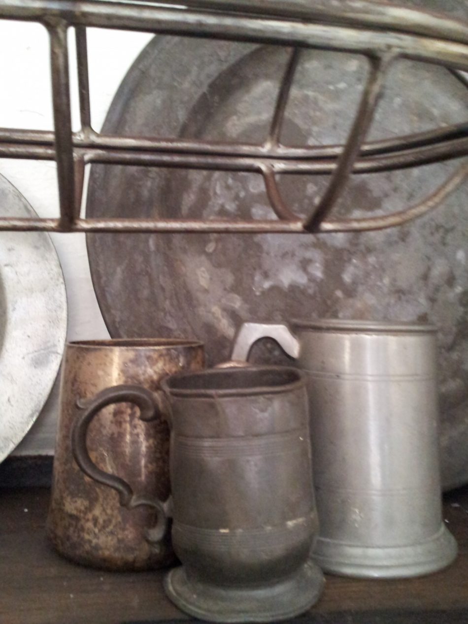 Pewter tankards- being relatively cheap pewter was the main metal for domestic tableware up til 18th century.Sometimes a set of pewter was referred to as a garnish, the worn out pewter could be melted down for new vessels.
